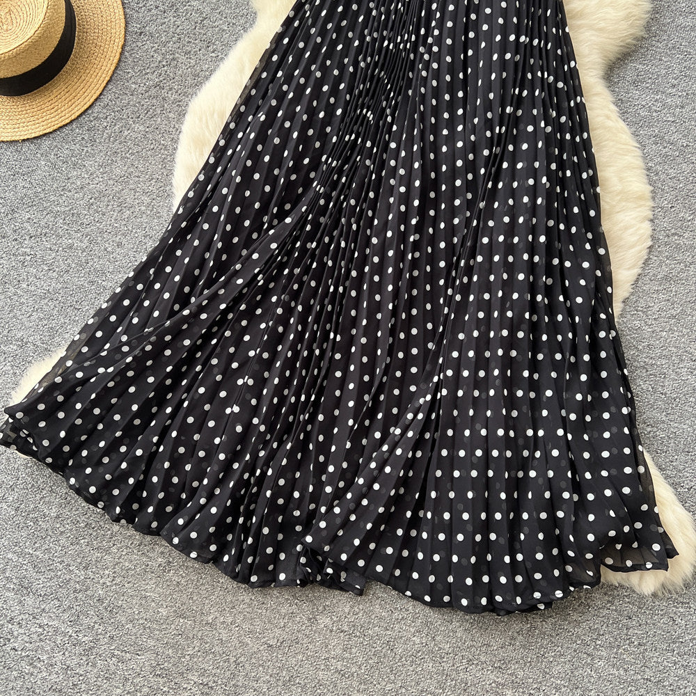 French polka dot suspender sexy backless dress women's korean style black v neck waist slimming look long skirt classy sense