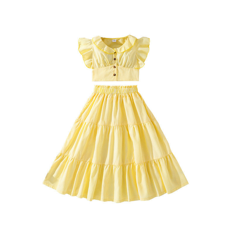 European and american style girls' clothing for export:  spring/summer new arrivals - casual striped flutter sleeve cropped top and skirt set