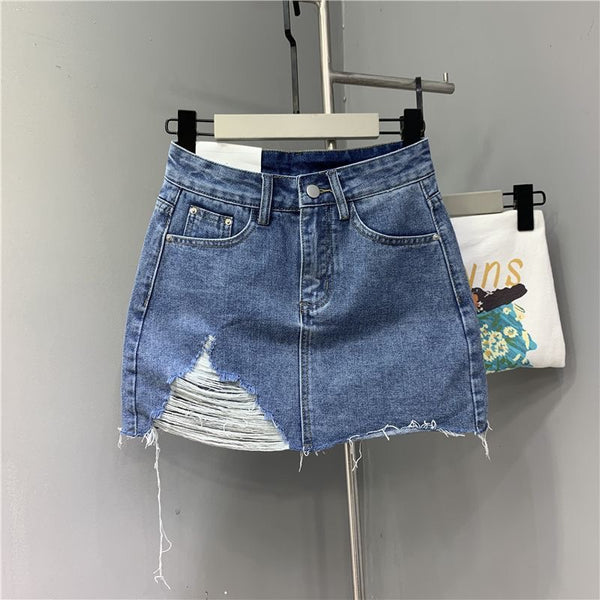 Europe, America,  ,  fashion women, washed rough edges, irregular denim skirts at the feet
