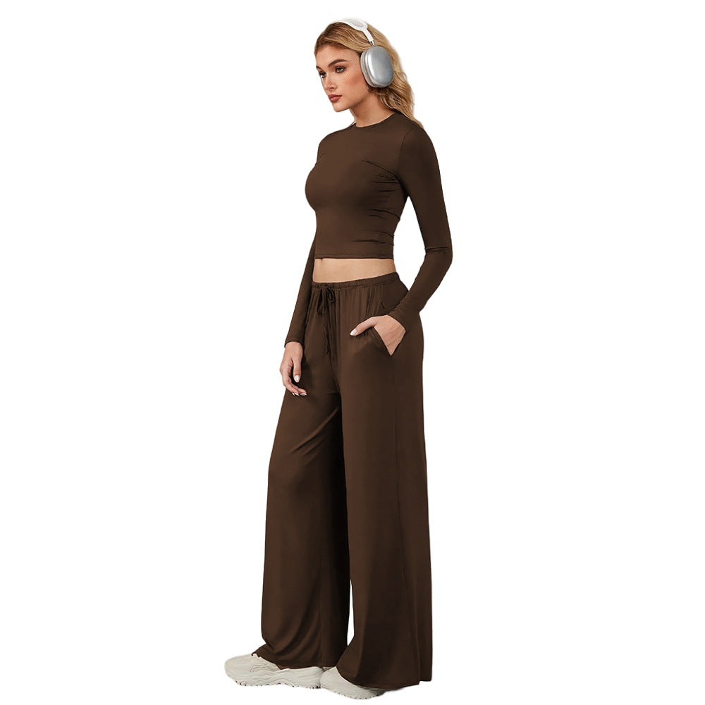 European and american lazy style two-piece set: brown long-sleeve cropped top and wide-leg casual pants - fashionable and comfortable women's outfit