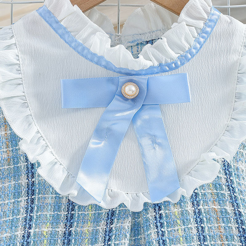 New spring/autumn girls' lace-trimmed shirt dress - two-piece look, gentle & elegant, chanel-inspired style with bow tie