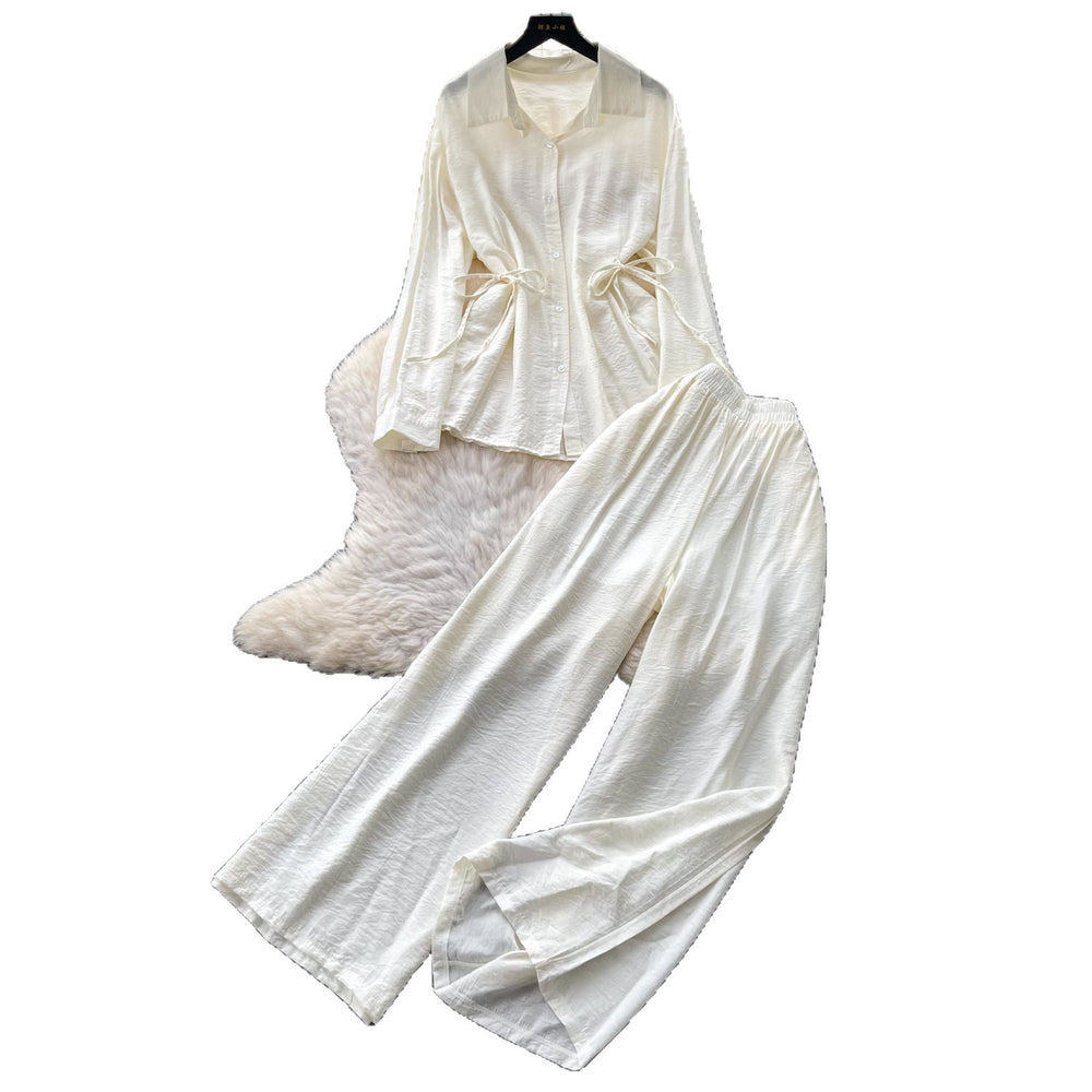 Lazy style pink shirt loose pantstwo-piece set female spring autum light mature waist tie backfashionableelegantsuit