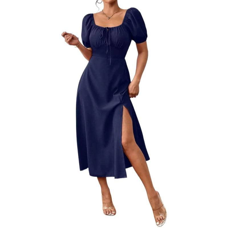 fashion  summer new arrival pleated strap slit puff sleeve square neck mid-length dress for women