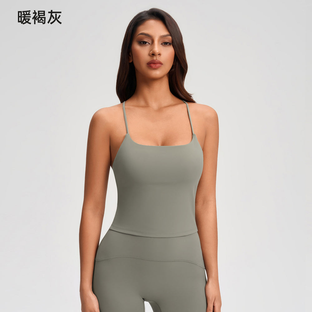 Cross-strap camisole tank top for women with built-in bra pads - no bra needed - cropped fitness yoga top yg-1008