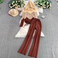 Women's casual set: new design drawstring waist color block hooded long sleeve sweatshirt two-piece set with high-waisted wide leg pants