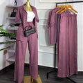 European and american cross-border women's fashion  autumn new solid color turn-down collar short sleeve shirt high-waisted wide leg pants casual set