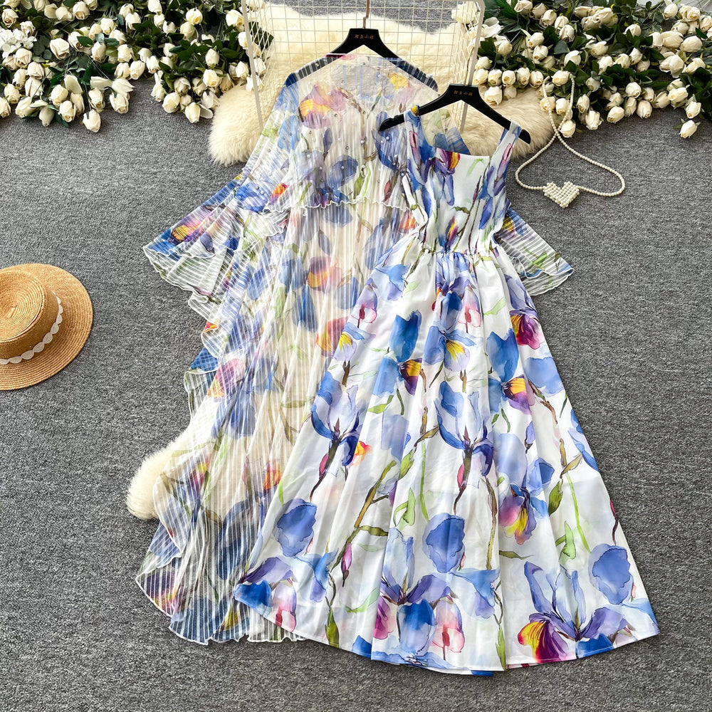French riviera style printed dress - women's three-quarter sleeve, slim-fit, two-piece summer set with beaded detailing - elegant & professional