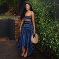 European and american cross-border women's fashion:  summer new sexy striped bandeau top and asymmetrical midi skirt fashion set