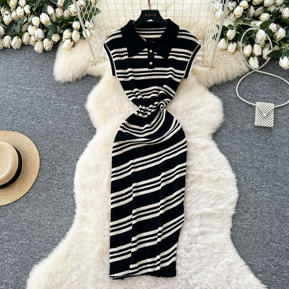 Korean chic summer new arrival: high-end retro polo collar sleeveless fitted bodycon knit dress with diagonal stripes