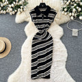 Korean chic summer new arrival: high-end retro polo collar sleeveless fitted bodycon knit dress with diagonal stripes