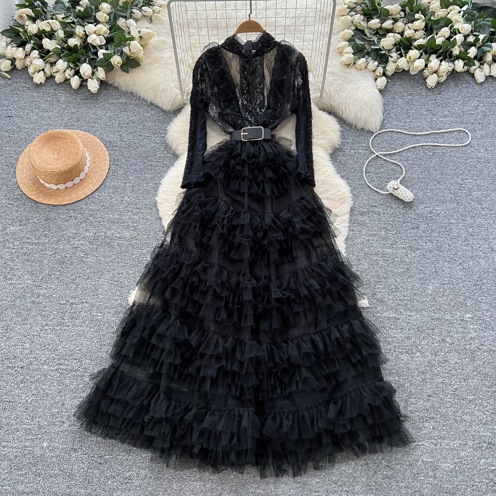 French chic sequin & beaded embellished mesh a-line maxi dress - slimming, elegant, and flattering