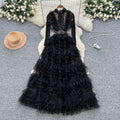 French chic sequin & beaded embellished mesh a-line maxi dress - slimming, elegant, and flattering