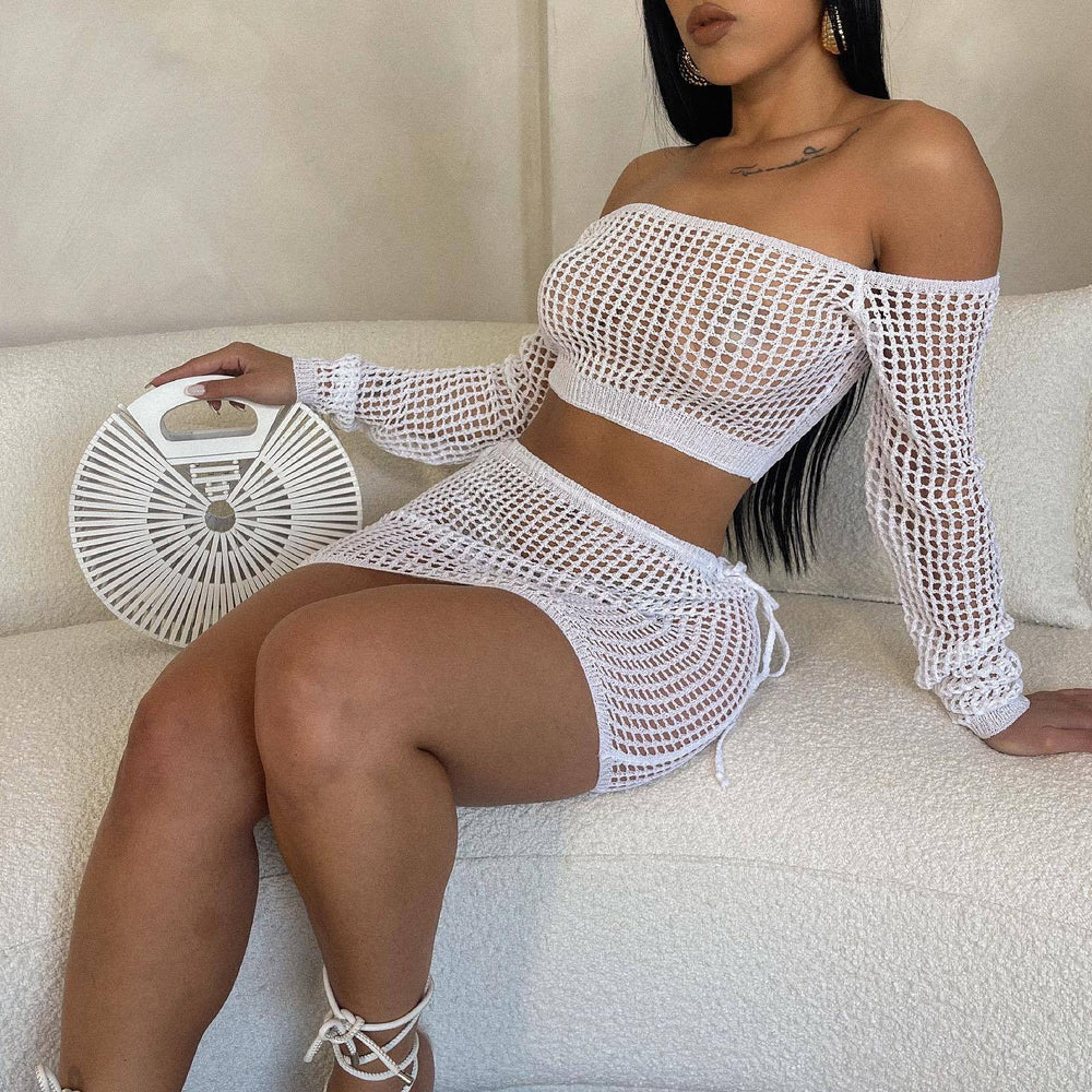 e-commerce  hot-selling european and american women's summer knitted hollow-out strappy beach outfit short skirt set