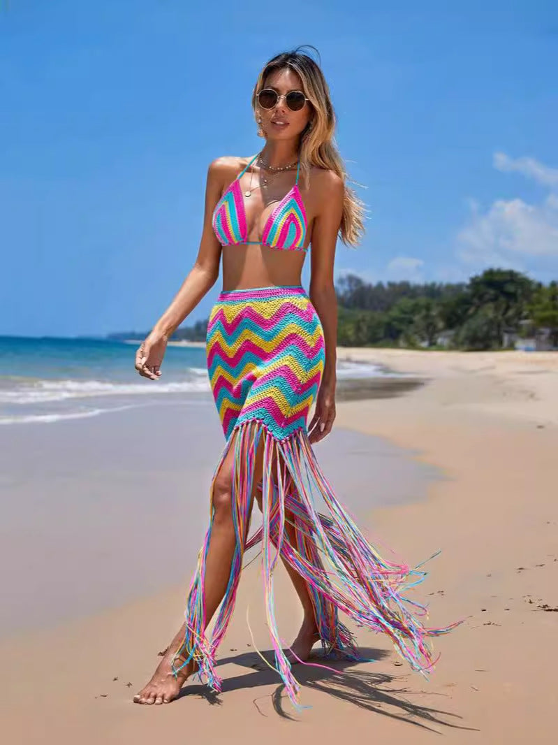 e-commerce: european and american style sexy handmade crochet wavy tassel beach cover-up dress set