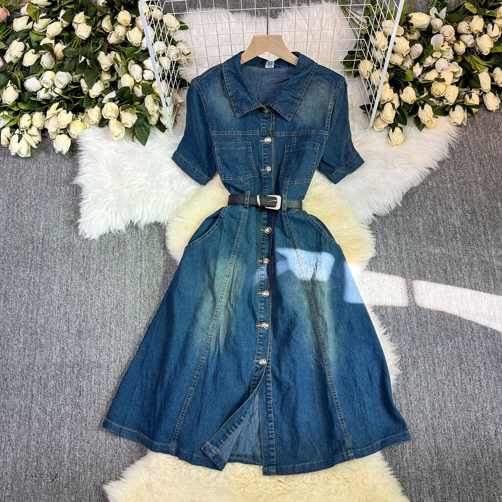 Dark blue denim dress women's summerretro single-breasted lapel waist strap slimming look a-line mid-length skirt