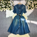 Dark blue denim dress women's summerretro single-breasted lapel waist strap slimming look a-line mid-length skirt