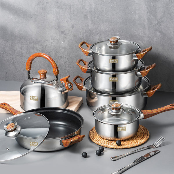 Cross-border e-commerce products Stainless steel pots and pans 12-piece set Wood grain handle Removable with kettle Kitchen cooking pots and pans