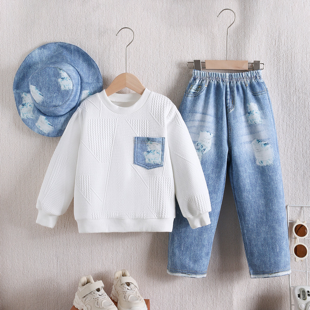 European and american style cross-border children's clothing: textured crewneck top + faux denim pants + hat 3-piece set for boys