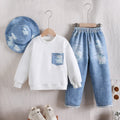 European and american style cross-border children's clothing: textured crewneck top + faux denim pants + hat 3-piece set for boys