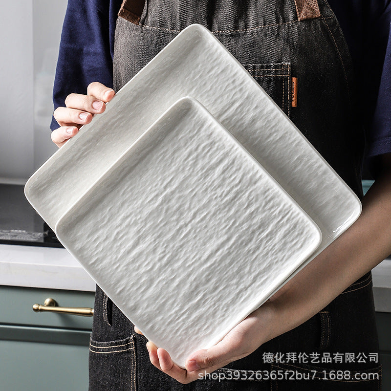 European-style embossed pure white ceramic plate, rectangular dinner plate for western cuisine, steak plate, salad bowl, hotel display plate - wholesale