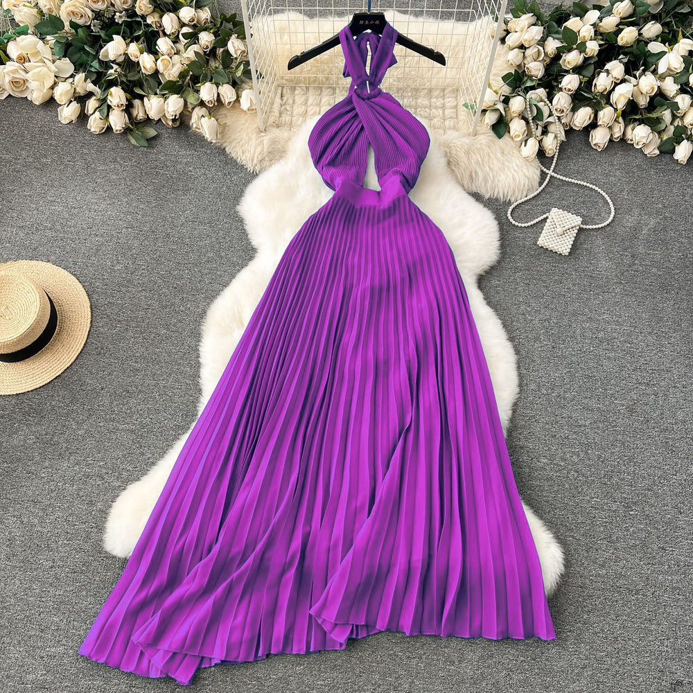 Sanya seaside vacation outfit sexy backless vest cut outhalterdress women's pleated longpleated skirt