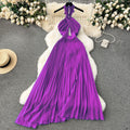 Sanya seaside vacation outfit sexy backless vest cut outhalterdress women's pleated longpleated skirt