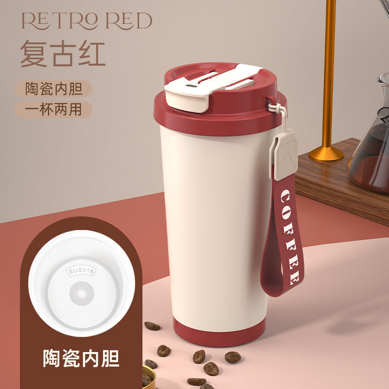 High-style 316 stainless steel insulated tumbler - dual-drink coffee mug, car-friendly ceramic liner, straw cup, minimalist gift cup