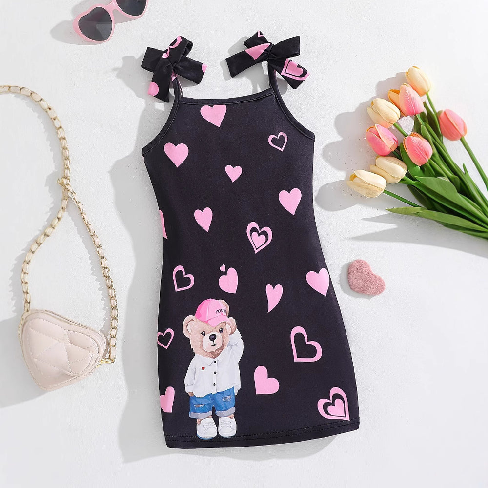 Girls' summer sundress with bow shoulder straps, cartoon bear and heart pattern, cute dress for kids and girls