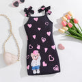 Girls' summer sundress with bow shoulder straps, cartoon bear and heart pattern, cute dress for kids and girls