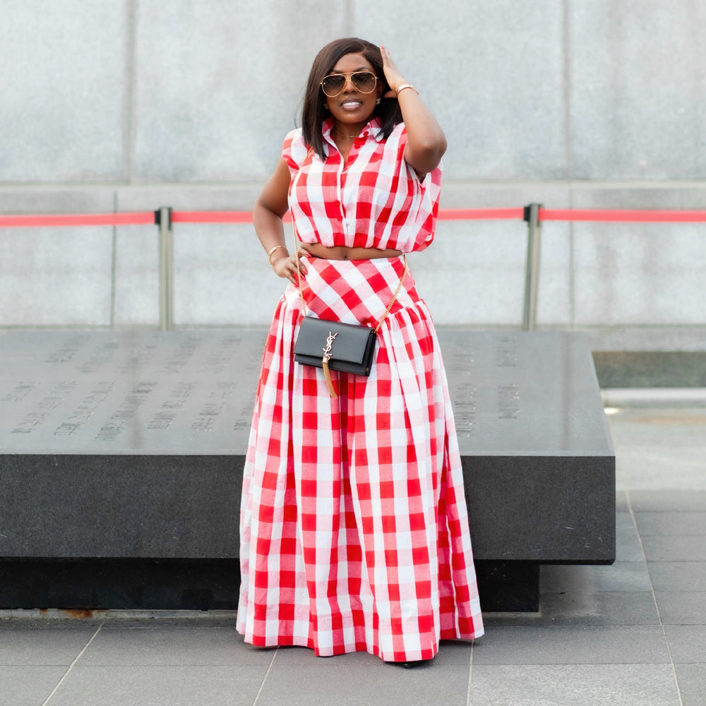 European and american cross-border women's fashion:  summer new collection - trendy plaid turn-down collar shirt and a-line skirt set