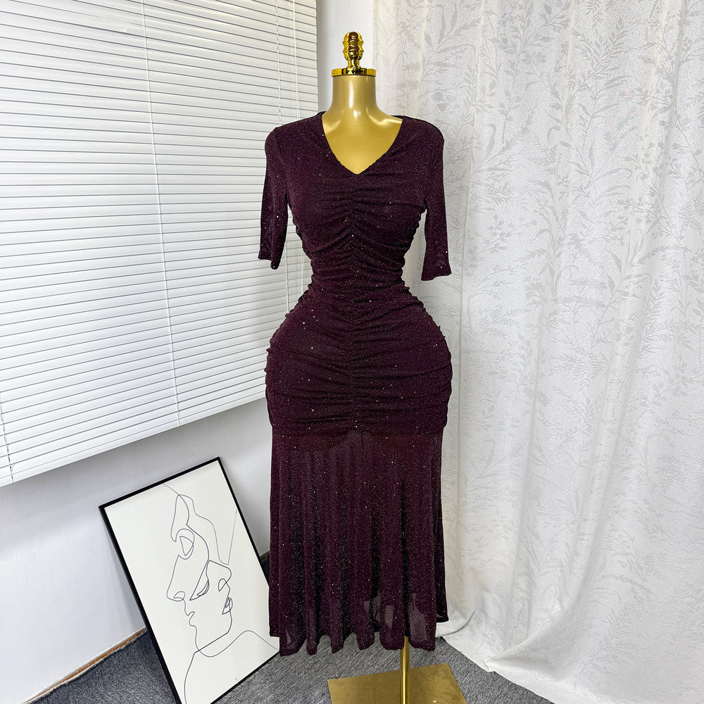 Export frenchelegance stretch mesh pleated v neck silmdress women's summer high waistslimming lookelegant long skirt
