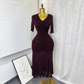 Export frenchelegance stretch mesh pleated v neck silmdress women's summer high waistslimming lookelegant long skirt