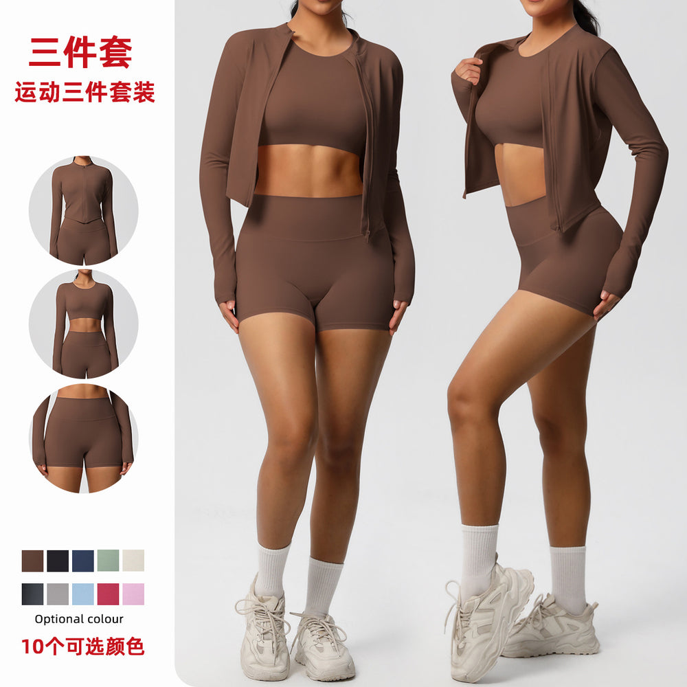 New arrival: solid color, barely-there feel, brushed long-sleeve outerwear, slim-fit three-piece activewear set for running, fitness, and yoga