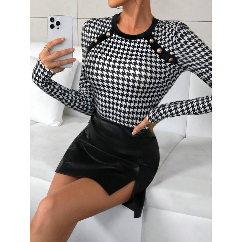 Women's houndstooth print long sleeve slim fit top with button detail - perfect for parties and nightclubs