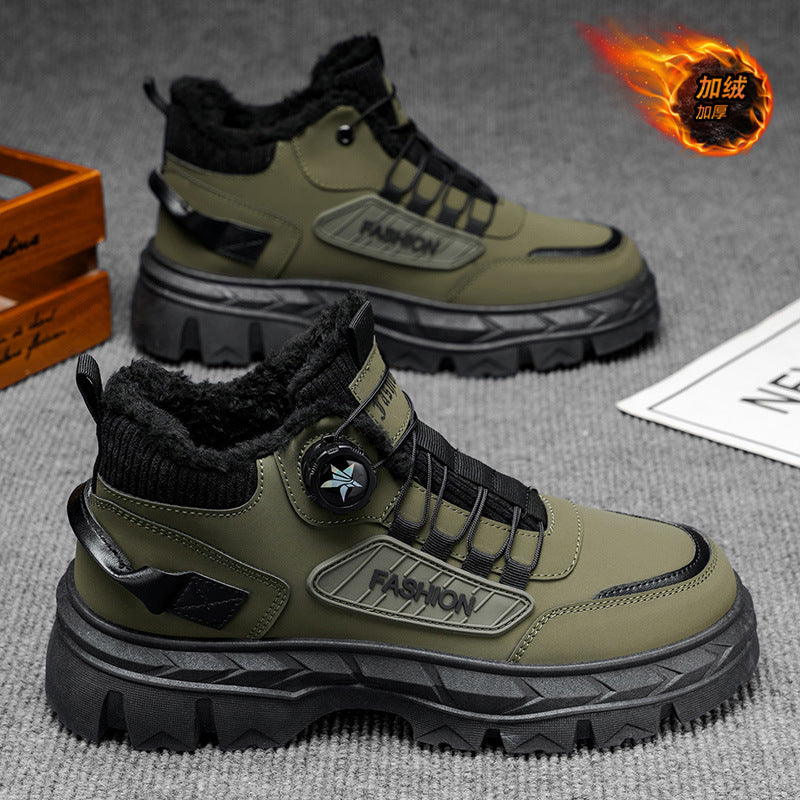 Winter men's shoes 2025 new fleece-lined warm swivel buckle high-top sneakers outdoor work boots martin boots cotton shoes
