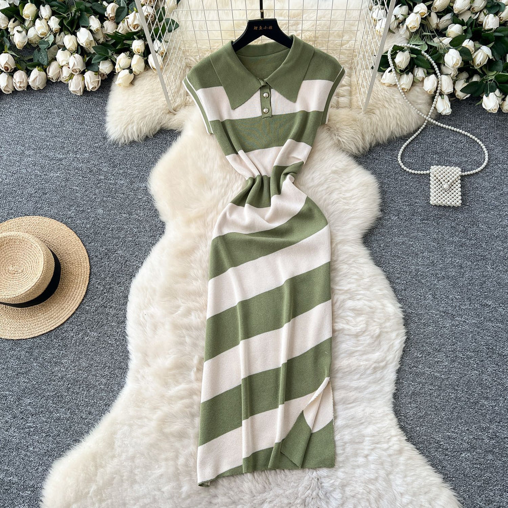 Niche styleretrofashionpolo collar short sleevecontrast colorstripesknittingdress women's waist slit sweater skirt