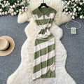 Niche styleretrofashionpolo collar short sleevecontrast colorstripesknittingdress women's waist slit sweater skirt