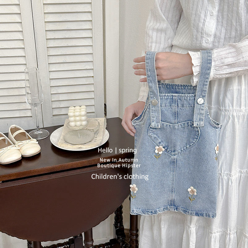 Girls' denim overalls dress - spring  new collection: sweet & cute floral embroidered tank dress for baby girls - trendy style