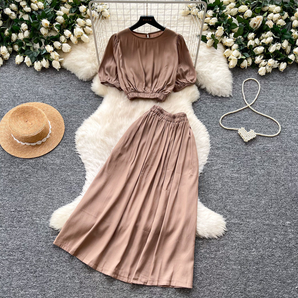 K-stylework clothing style lantern sleeve shirt high waist skirt women's summernew arrival waist slimming looktwo-piece set light mature style
