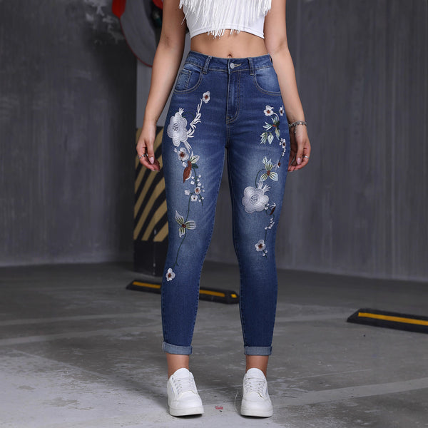 Cross-border European and American flower pot embroidery tight jeans slim-fitting version elegant women's elastic denim small feet nine-point pants