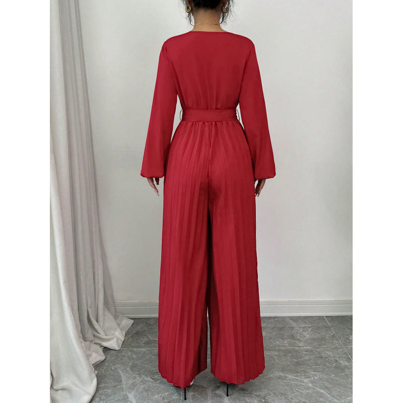 Real shot export1688fashion puff sleeve v neck tie waist pleated wide leg jumpsuit