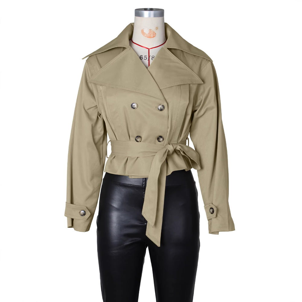 Women's lapel tie-up cropped trench coat, european and american style double-breasted slim-fit top, cross-border women's apparel,  bestseller