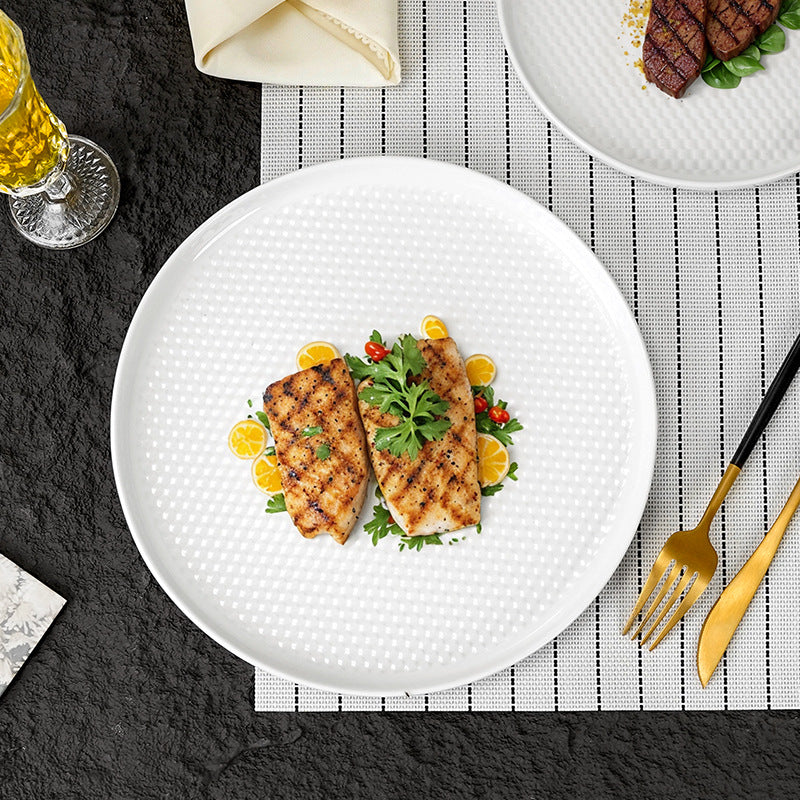 Modern minimalist ceramic steak plate for western cuisine, restaurant, and hotel use - white round porcelain plate, pure white home-use cold dish plate, dinner plate