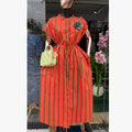 European and american cross-border women's fashion:  spring new arrival - stylish and elegant striped tie-waist pocket short-sleeve midi dress