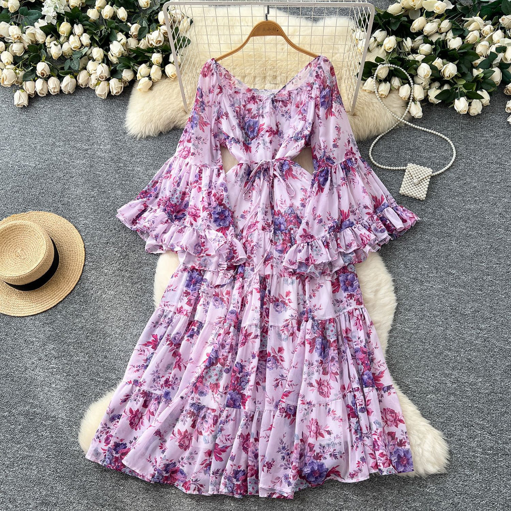 French chic one-shoulder flared sleeve tie-waist floral chiffon dress - women's autumn ruffle maxi dress