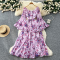 French chic one-shoulder flared sleeve tie-waist floral chiffon dress - women's autumn ruffle maxi dress