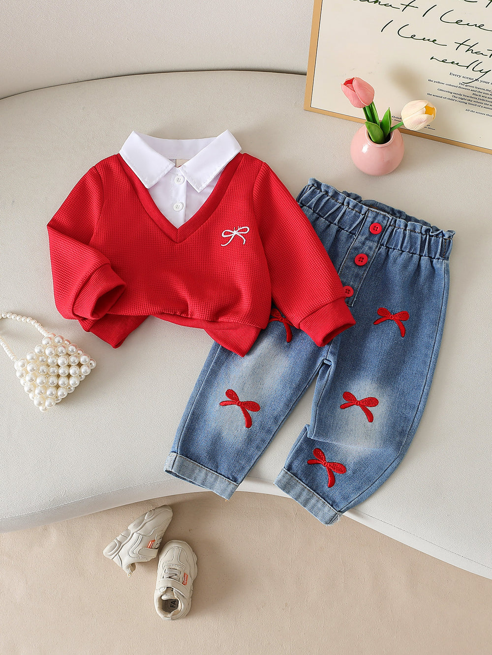 new spring cross-border textured collar patchwork top + bowknot embroidered denim pants set