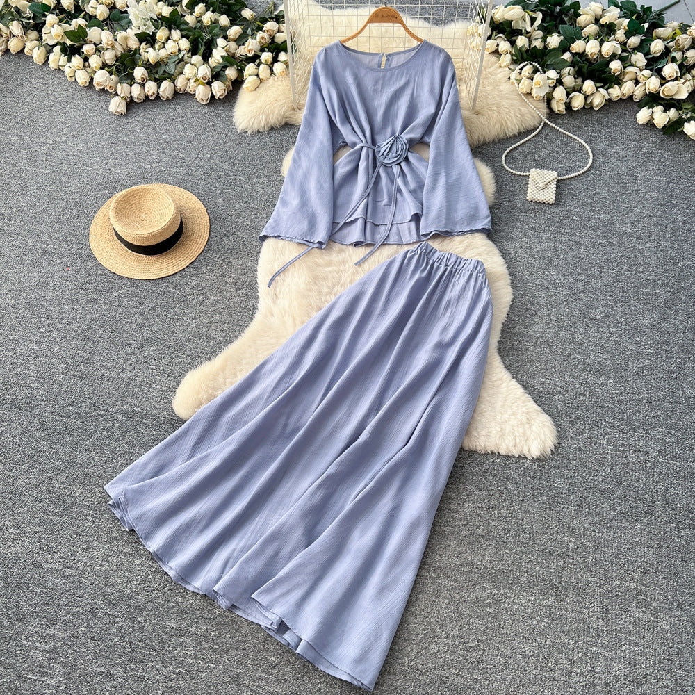 Commuting style classylong sleeves flower strap two-piece set female autum strap waist slimming lookhigh waistsuit skirt