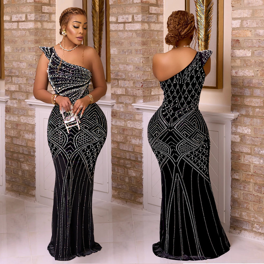 C6818 cross-border   fashion women's solid color rhinestone oblique neck maxi dress