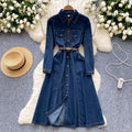 European and american retro style polo collar denim dress - women's winter belted slimming single-breasted design elegant maxi dress